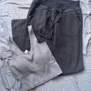 Gray Ribbed Crop Top and Black Pants Set